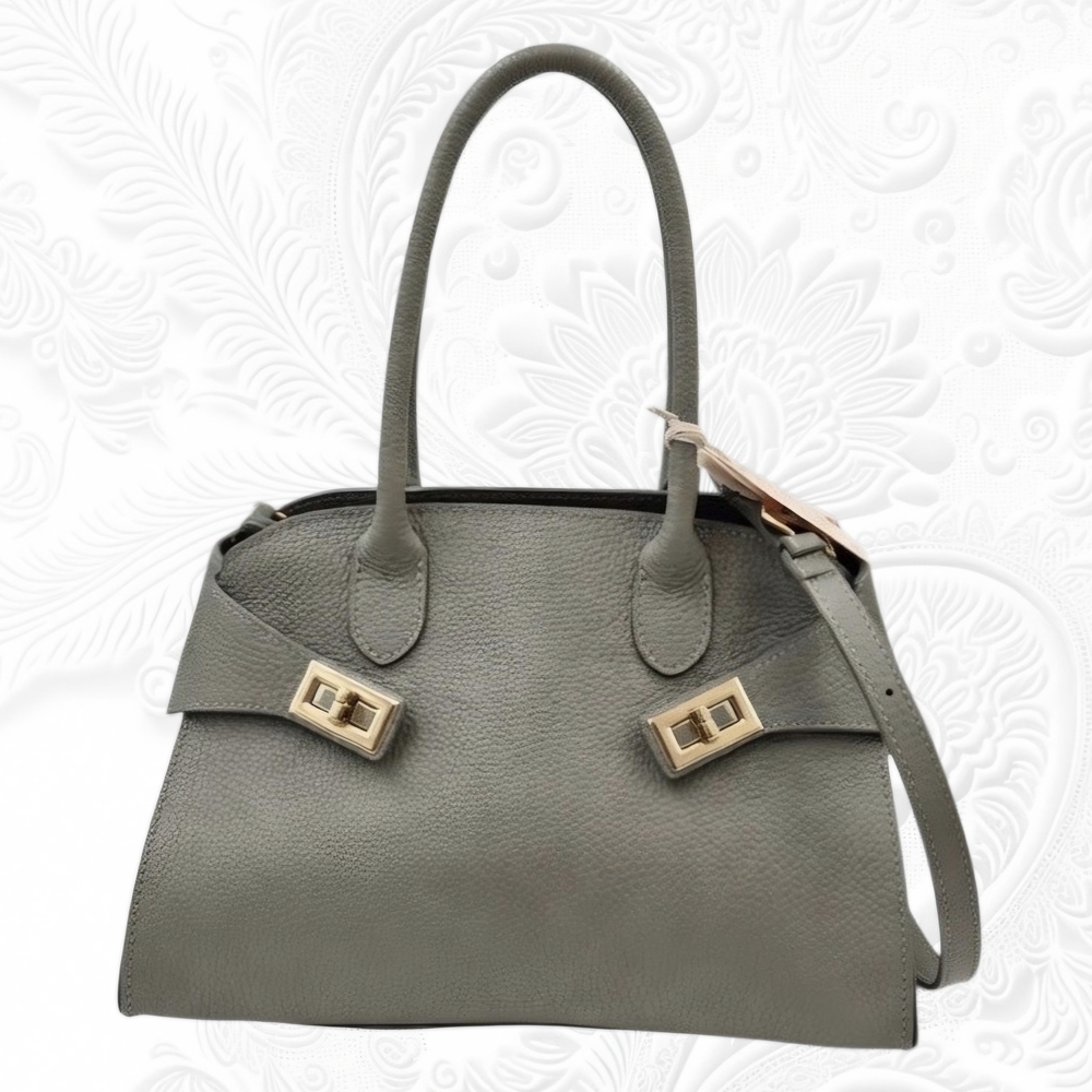 Gray Leather Satchel Handbag with Gold Hardware
